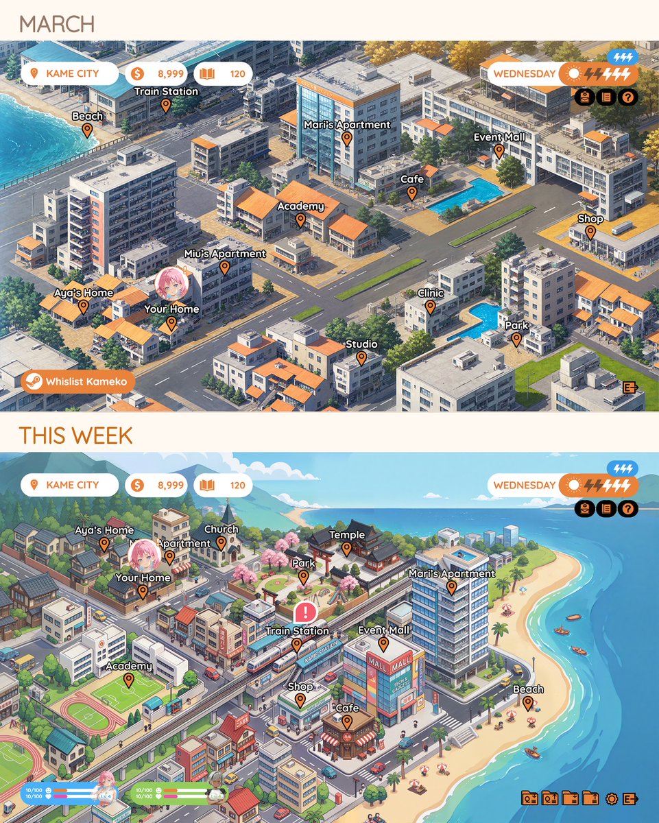 ExeCutePink's tweet photo. kame city, march versus this week

same map, same buildings. we opened it up, gave every district its own colour, added the church and the temple, and made the labels readable

six months of iterating on one screen. that's most of gamedev

#gamedev #indiedev #UIdesign https://t.co/1ZY7Lo5Vzo