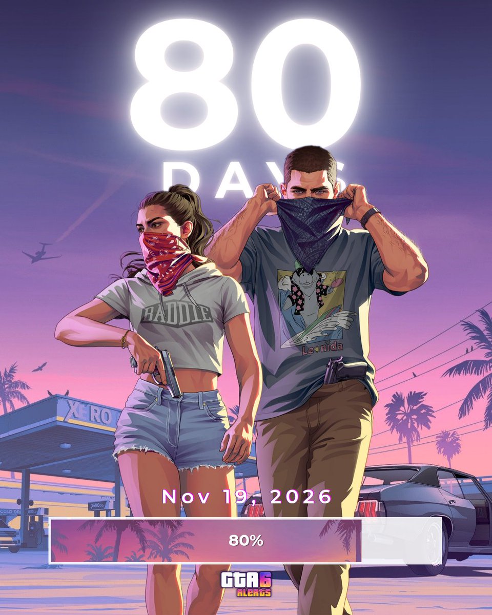 GTA6Alerts's tweet photo. 80 days left until GTA 6 release. ⏳

Fun fact: 1000 days have passed since GTA 6 Trailer 1 dropped. Time flies! https://t.co/B8nGPadKuE