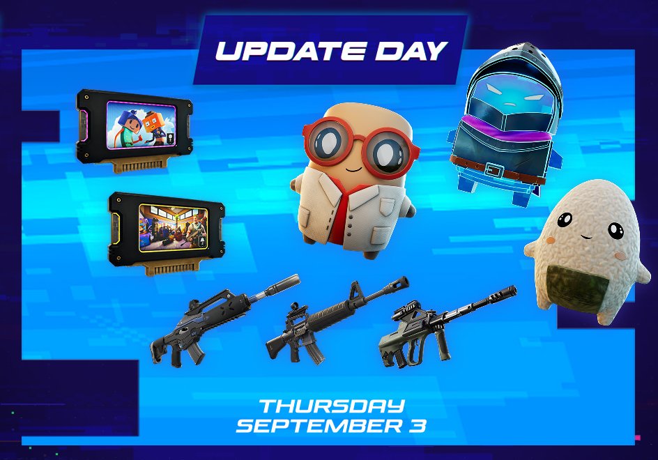 HYPEX's tweet photo. FORTNITE CONTENT NEXT UPDATE (September 3)

• Big Heads Match Override
• Prop Hunt Match Override
• New Fortnite Original Sprite
• 2x Community Sprites (X-Ray &amp; Onigiri)
• LOOT HACKS: Rocket Ram, Gold Banana, Tracking Visor, Holo Twister, Deadeye AR, Striker Burst

&amp; More.. https://t.co/aMaOZfV0cL
