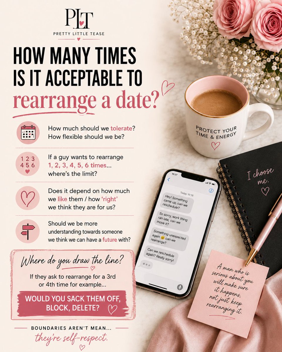 PrettyLTease's tweet photo. How many times would you let a guy #rearrangeadate before saying enough? Once? Life happens. Twice? Ok. 3 times? Last chance? 4? 🚩But does it depend on how much you like them? Would you tolerate more from someone you were excited about? Where do you draw the line? #datingtalk https://t.co/YSUHl6KrJX