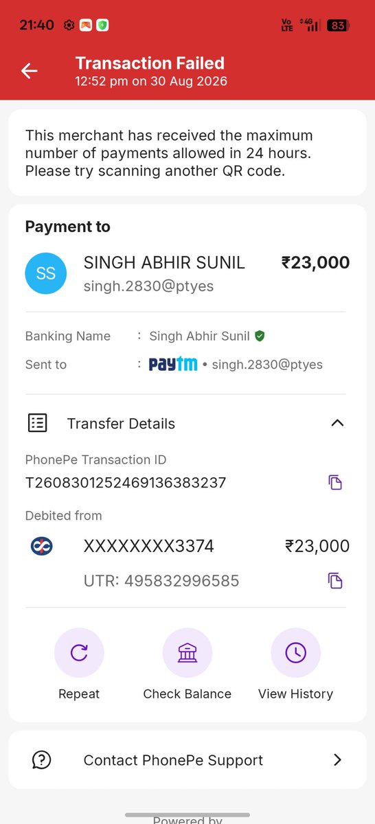 AmanSharma0110's tweet photo. @RBI @PhonePe  @Paytm 
 screenshots and 3 transactions failed, in which his UPI ID was added. Please be kind enough to return my money and correct the fraud that has happened with my account, in which my account number is 08343211184683 UCO Bank or mobile no 8587810950 https://t.co/J4ydqj7l39