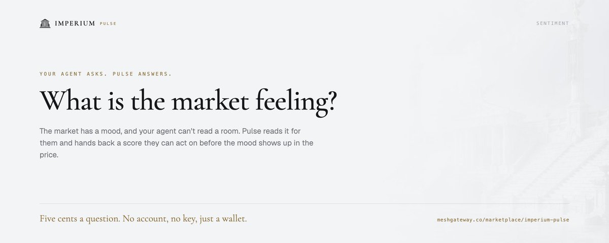 ImperiumRH's tweet photo. The market has a mood. Your agent can't read a room.

Pulse reads it for them: the mood around any tokenized stock, scored, ready to act on before it shows up in the price.

Five cents a question. Your agent pays from its own wallet. https://t.co/anVOdcHqRd