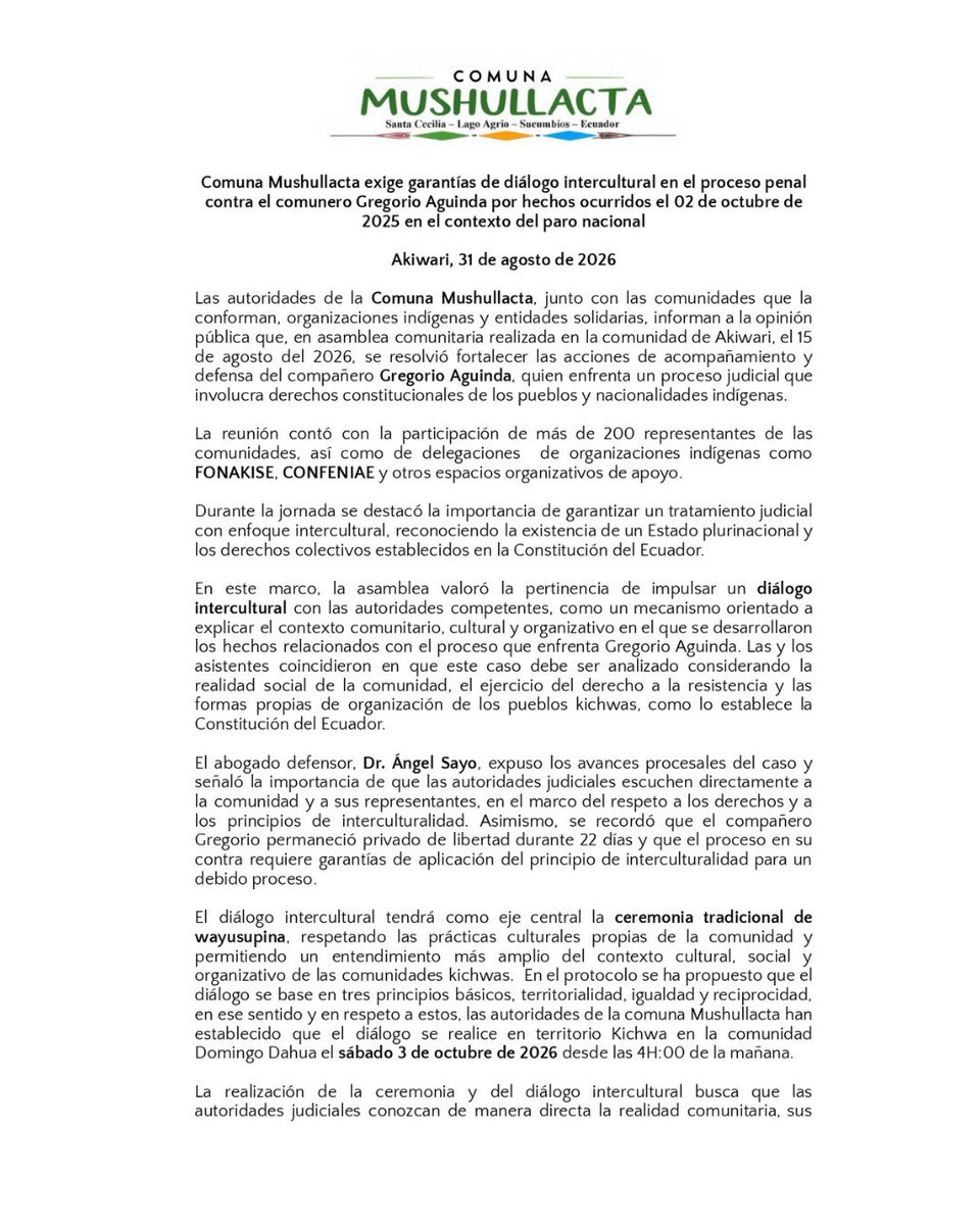 DDHH_Alianza's tweet photo. 📣📃Comuna Mushullacta (Lago Agrio) exige garantías de diálogo intercultural en el proceso penal contra el comunero Gregorio Aguinda criminalizado en el paro nacional de 2025.
@AlbertBarume @MaryLawlorhrds
@AlexXanthaki
@SucumbiosCJ 

Comunicado ⬇️ https://t.co/kT0ThAgdKC