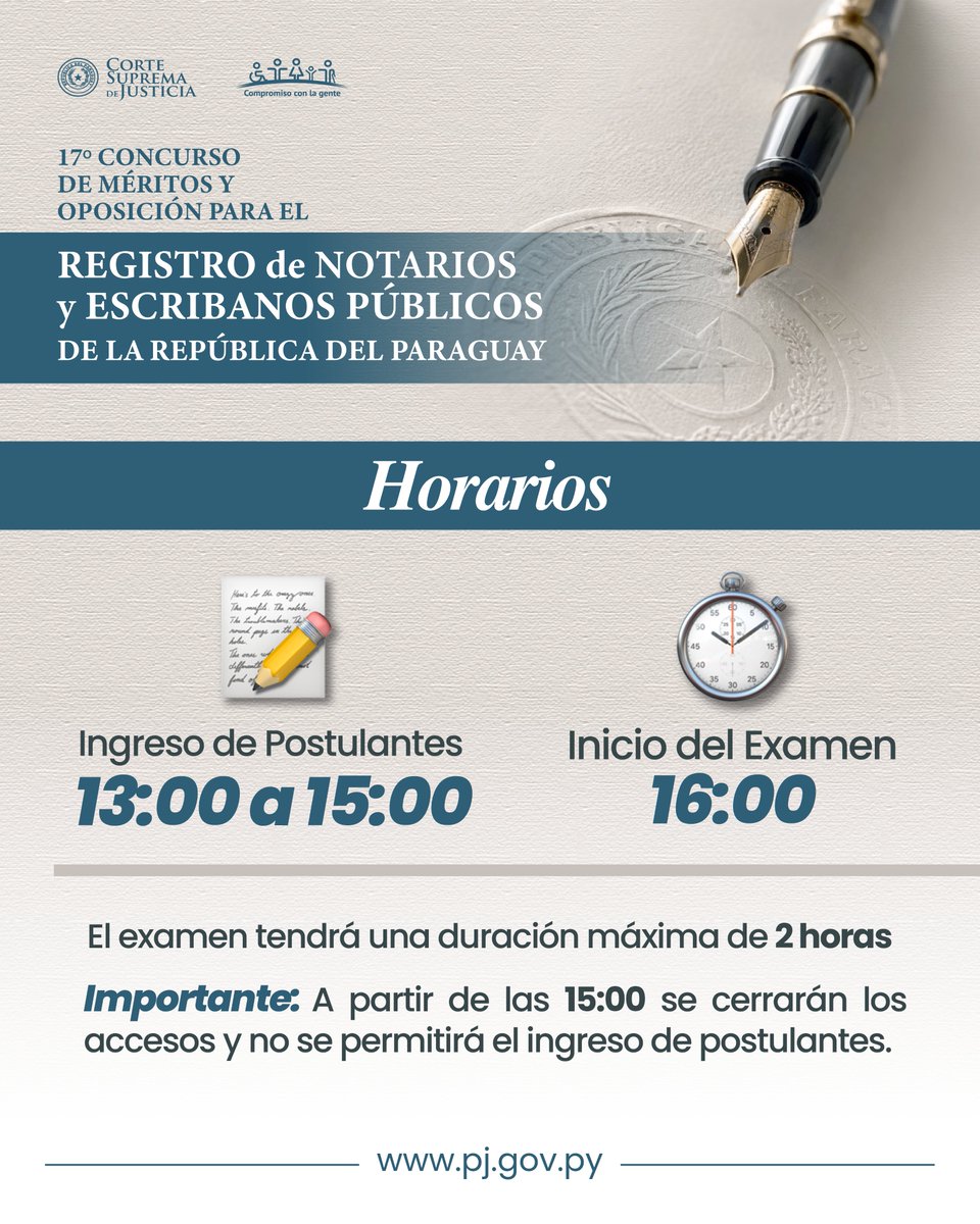 PoderJudicialPY's tweet photo. ⚖️ 17º Concurso de Méritos y Oposición para Notarios y Escribanos Públicos

🔴La Corte Suprema de Justicia pone a disposición de los postulantes información importante para el examen que se realizará este martes 1 de septiembre de 2026.

🔹A continuación se detallan la sede y los accesos habilitados, los horarios de ingreso e inicio del examen, los documentos para el ingreso y los elementos permitidos y prohibidos durante la jornada.

🔸Se recomienda a los postulantes revisar previamente todas las indicaciones para el día del examen.

🔗 Toda la información oficial en https://t.co/XjwqJOsFuy

#ConcursoNotarios
#JusticiaPY