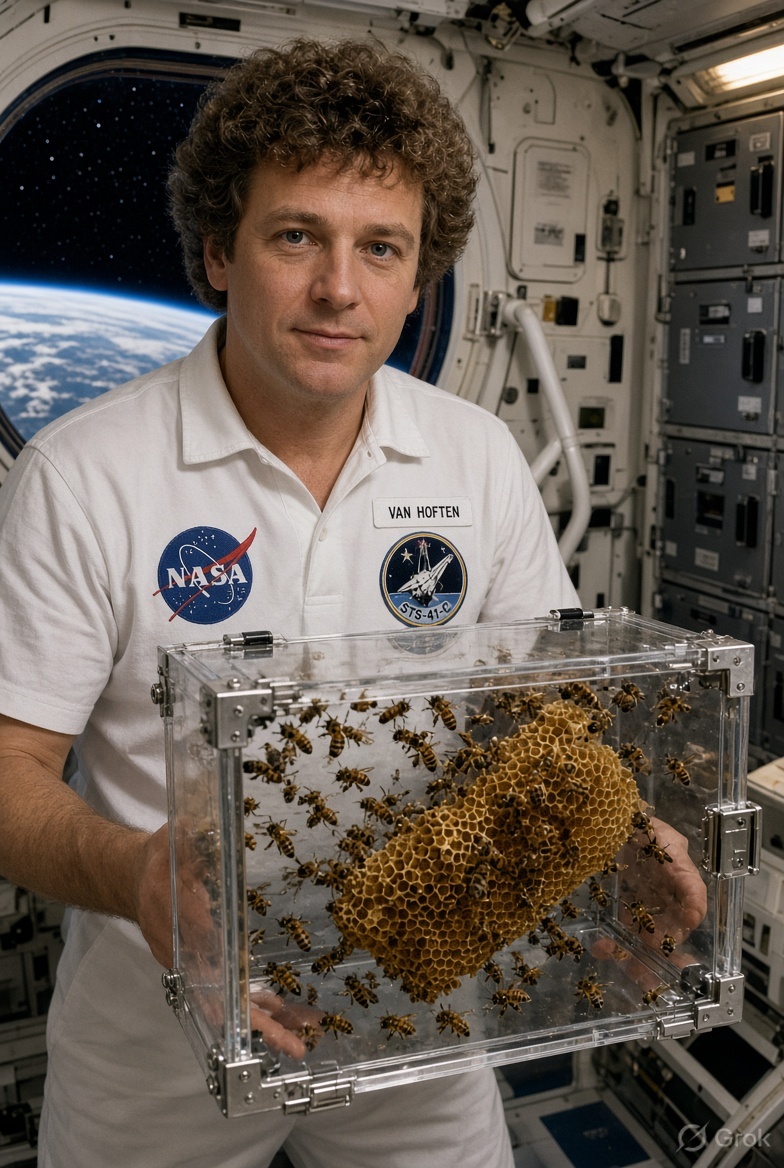 TheUniverse_CBS's tweet photo. In 1984, NASA sent 3,301 bees into Space to test how they built honeycomb without gravity; from hitting on walls to building 200cm honeycomb; highlights of 7-day mission 🐝🚀

Read the full details in the thread 👇

Al-generated image for representation purpose. https://t.co/YI9V2qbl3B