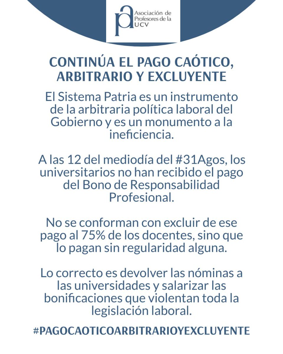 APUCV's tweet photo. Continúa el pago caótico, arbitrario y excluyente. 
#UCV 
#Profesores
#SalariosDignosYa https://t.co/nUDaxVOK8j