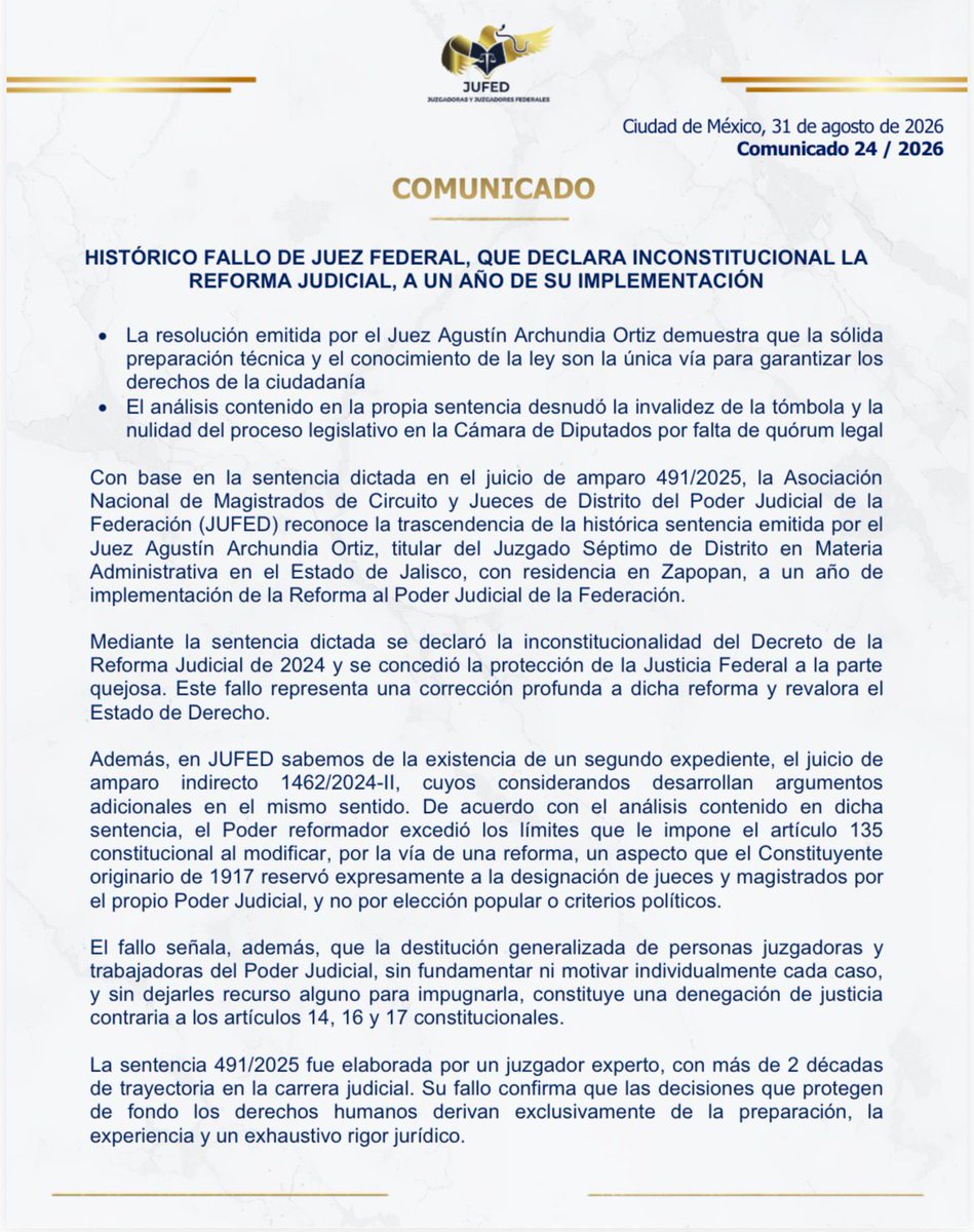 jufed_org's tweet photo. A un año de la reforma judicial, una sentencia federal confirmó lo que advertimos: la justicia no puede improvisarse.

En el juicio de amparo 491/2025, un juez federal declaró la inconstitucionalidad del Decreto de Reforma Judicial de 2024 y evidenció vicios graves en su diseño y aprobación.

La ciudadanía necesita personas juzgadoras preparadas, independientes y técnicamente sólidos. No tómbolas, cuotas ni decisiones sujetas al poder político.

Defender la carrera judicial es defender la certeza jurídica en México.

#JUFED #EstadoDeDerecho #JusticiaIndependiente