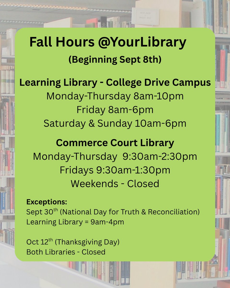 Library4NUCC's tweet photo. Friendly reminder that the Learning Library &amp;Commerce Court Library will be back for Fall Hours starting on September 8th!

Check the website for up-to-date schedules: https://t.co/ekvNazWFI5
Or use LinkTree for connecting with us across platforms: https://t.co/RZC1mWHy1h https://t.co/8GaKEQnPLy
