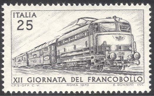 _Goblin's tweet photo. New addition - 25-lira commemorative postage stamp from Italy, issued 12/12/70 - released to celebrate the XII Giornata del Francobollo. The train is a FS Class E.444 "Tartaruga" electric locomotive pulling a railway mail car. #stamps #philately #stampcollecting #railway #trains https://t.co/552zYaNpww