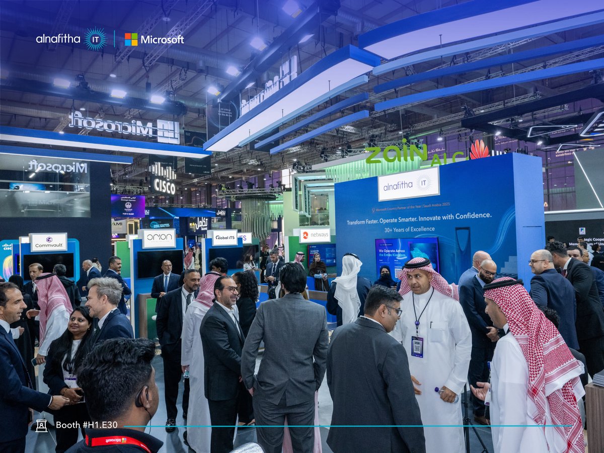 alnafitha_it's tweet photo. Day one at the @Microsoft_Saudi Hub is done, and it was a strong start. 
Deep conversations around Modern Work, Data &amp; AI and Azure, with teams eager to see what's next.

📍 Hall 1, Booth E30
#LEAP2026 #AlnafithaIT #MicrosoftAI #MicrosoftArabia https://t.co/bn2P81nHSf