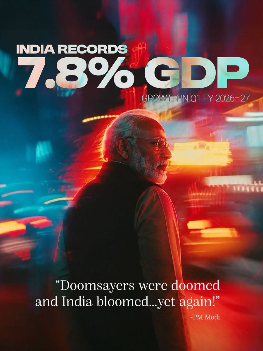 mygovindia's tweet photo. The Growth Story Just Hit 7.8%! 📈

7.8% GDP growth in Q1 FY 2026-27 marks a strong start for India and another boost to its growth journey.

PM @narendramodi captured the moment perfectly: “Doomsayers were doomed, and India bloomed... yet again!”

#GDPGrowth
#EconomicGrowth https://t.co/18NeqptZBC