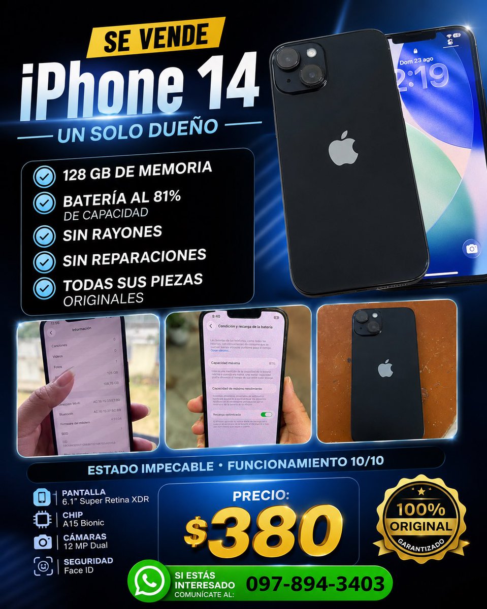 DescontrolEc's tweet photo. 📱🔥 ¡iPhone 14 en excelente estado! 128 GB, batería 81%, todo original, sin rayones ni reparaciones. $380 💥 Si te interesa, escríbeme al 097-894-3403… y si eres de los que sabe llegar a un buen acuerdo, 😉💬 ¡conversemos!

#iPhone14 #iPhone128GB #Quito #Apple #Oportunidad https://t.co/sMseDXLcnF