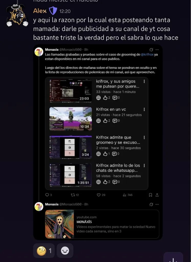 ElKronosX's tweet photo. Que triste que Krifrox y su gente solo se pudieron rebajar a tirar mierda en tu servidor, sin desmontaje de la funa, sin argumentación, solo buscando cualquier motivo para intentar salvar su pellejo. Cosa que no va a funcionar. https://t.co/tOZ0DbLpao