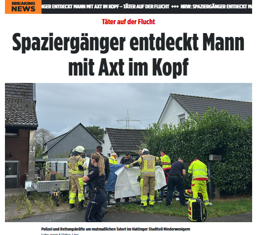 BockwurstClown's tweet photo. ++++Der Mann mit der Axt im Kopf++++
Schock beim Spaziergang. Ein Mann entdeckte am Nachmittag eine blutende Person in #Hattingen. 
Nach Angaben der Polizei steckte im Kopf des Schwerverletzten (54) eine Axt. 
Ein Krankes Land... seit Merkel und Merz ...
#Miosga Haftbefehl #AfD https://t.co/61JE3EKRf7