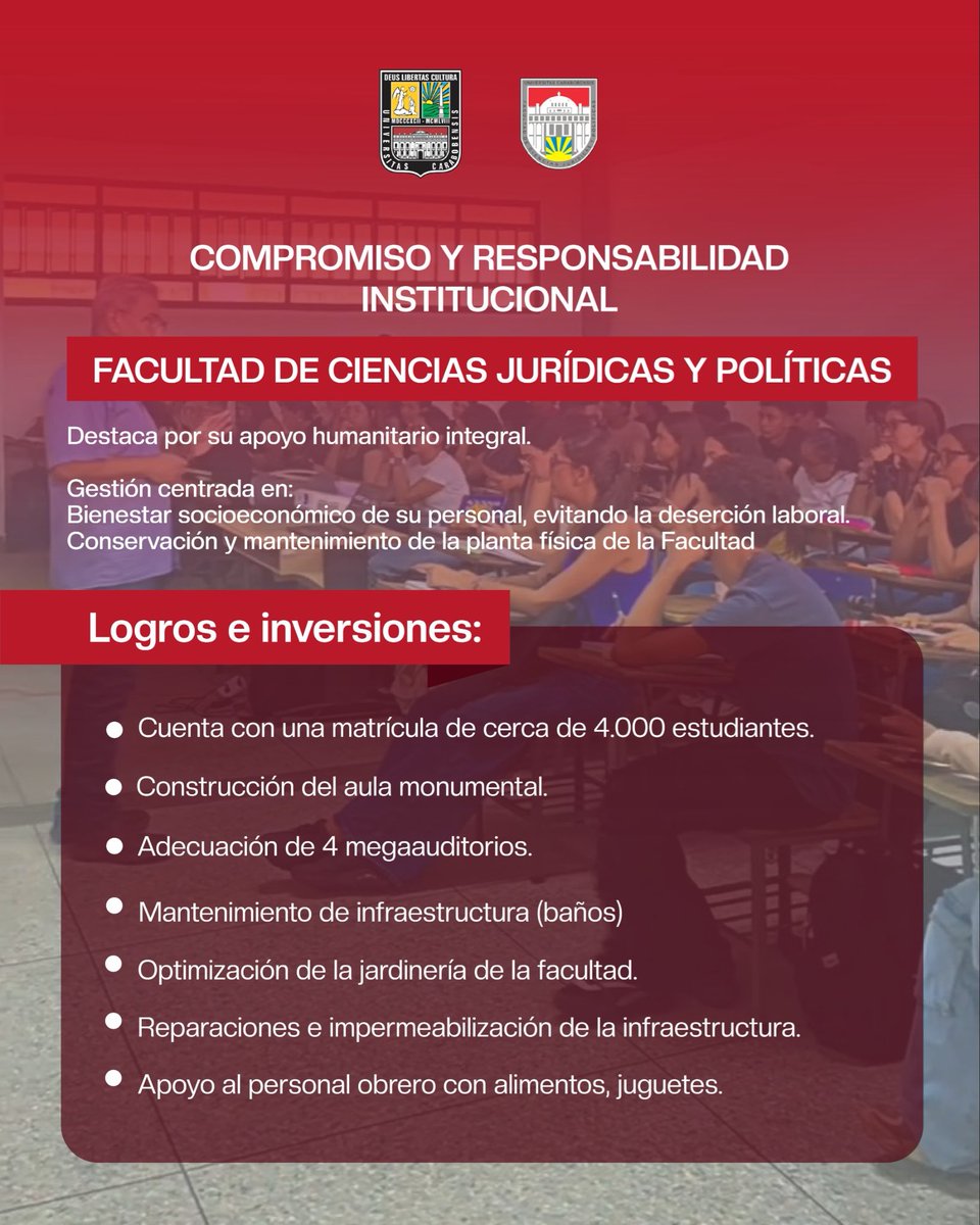 UCarabobo's tweet photo. #Noticias A continuación, conozca los logros e inversiones de la Facultad de Ciencias Juridicas y Políticas de la @UCarabobo 

https://t.co/jeeFKbzfkV https://t.co/czDB7MkfPD
