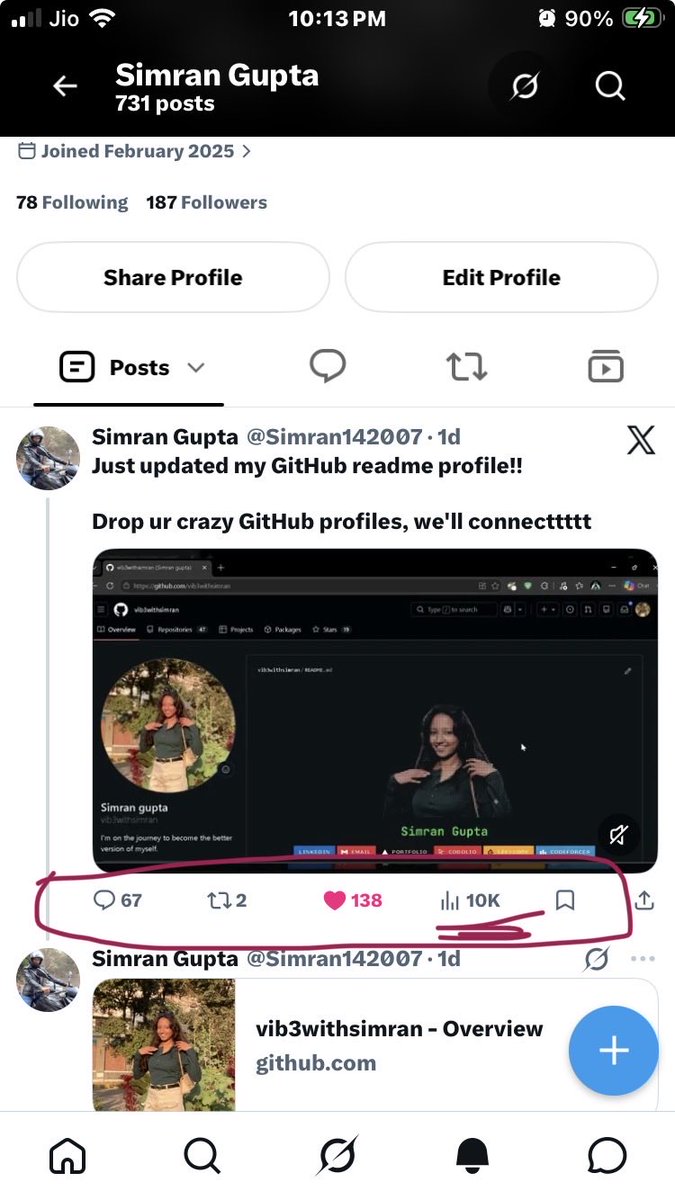 Simran142007's tweet photo. My last post went crazzyyyy 
10k+ impressions????? 
U gotta be kidding me man!!! https://t.co/kz1nCWIY8F