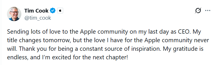 ANI's tweet photo. Apple CEO Tim Cook, in a post on his last day as CEO, says, "My title changes tomorrow, but the love I have for the Apple community never will. Thank you for being a constant source of inspiration. My gratitude is endless, and I’m excited for the next chapter." https://t.co/EHVajyGX6U