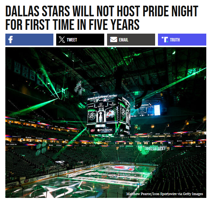 Underboss111's tweet photo. The Dallas Stars dropped Pride Night to focus on women in sports, first responders, and the military. Guess hockey is finally returning to actual entertainment, not virtue signaling.
#DallasStars #NHL #GoStars #HockeyUnitesUs #GoStars Go https://t.co/HwZe6fRNxp