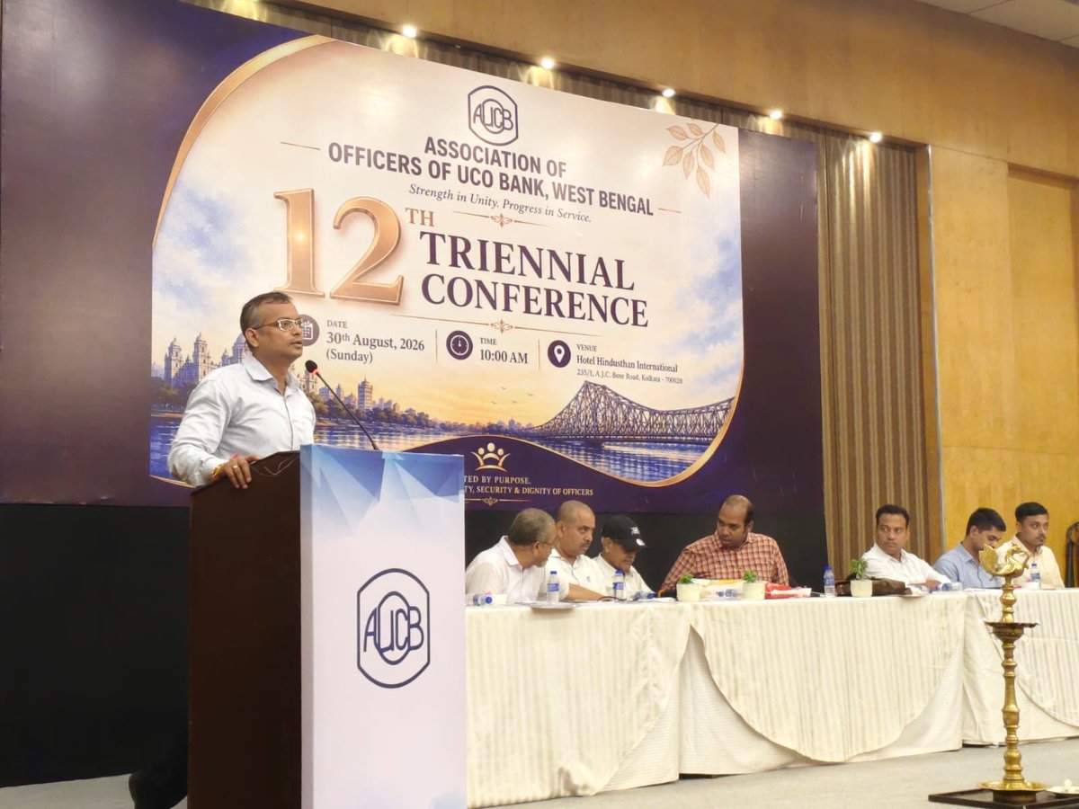 Jhimpu's tweet photo. Few glimpses of 12th Triennial Conference of *Association of Officers of UCO Bank, West Bengal* held on 30th August, 2026 at Hotel Hindustan International, Kolkata.

AOUCB-WB Long Live!
AIUCBOF Long Live!
AIBOC Long Love! https://t.co/7IvztkVJ9C