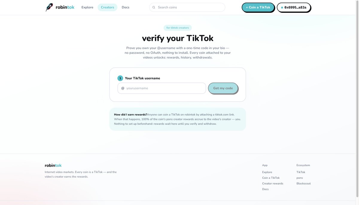 RobinTokLaunch's tweet photo. your TikTok got coined? you're already earning.

go to https://t.co/72oMYEzGZZ → claim your @username → drop a one-time code in your bio → verified.

no password. no OAuth. nothing to install. withdraw your ETH to any wallet. https://t.co/wiWqc1u7BR