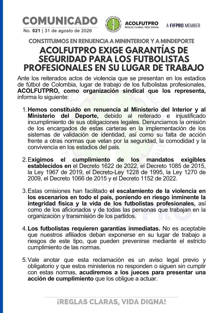 acolfutpro's tweet photo. 🚨ACOLFUTPRO constituye en renuencia al @MinInterior  y @MinDeporteCol por el incumplimiento reiterado de las normas que garantizan la seguridad y la vida de los futbolistas en los estadios.
📢 𝐄𝐗𝐈𝐆𝐈𝐌𝐎𝐒 𝐆𝐀𝐑𝐀𝐍𝐓𝐈́𝐀𝐒 𝐃𝐄 𝐒𝐄𝐆𝐔𝐑𝐈𝐃𝐀𝐃 𝐏𝐀𝐑𝐀 𝐋𝐎𝐒 𝐅𝐔𝐓𝐁𝐎𝐋𝐈𝐒𝐓𝐀𝐒 𝐏𝐑𝐎𝐅𝐄𝐒𝐈𝐎𝐍𝐀𝐋𝐄𝐒 𝐄𝐍 𝐒𝐔 𝐋𝐔𝐆𝐀𝐑 𝐃𝐄 𝐓𝐑𝐀𝐁𝐀𝐉𝐎
🔗 https://t.co/tj3ubE4SG6

No aceptamos más omisiones que pongan en riesgo a los principales protagonistas así como a los aficionados y demás trabajadores del fútbol. 

@Dimayor @FCF_Oficial @FIFPRO @FIFProAmerica @juligu0204 @Rodrigo_Lara_ @jrestrp @MintrabajoCol @cutcolombia