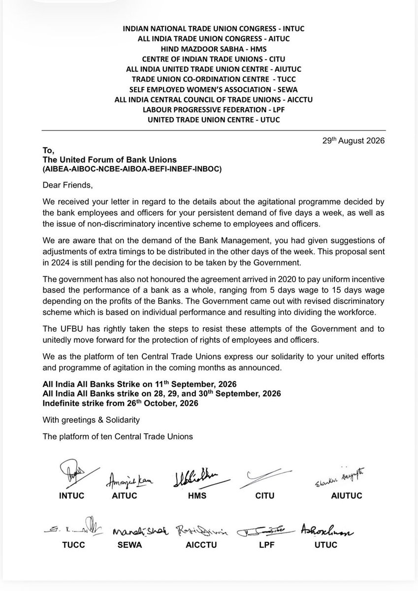 MahatojMeena's tweet photo. Historic solidarity from the 10 Central Trade Unions! ✊
The united voice of India’s trade unions stands firmly with UFBU in the struggle for 5-Day Banking and a fair, non-discriminatory PLI scheme.
#5DayWeekAndFairPLI #UFBU #BankStrike #FairPLI #BankEmployees #TradeUnionUnity https://t.co/DrRyTUwfhu