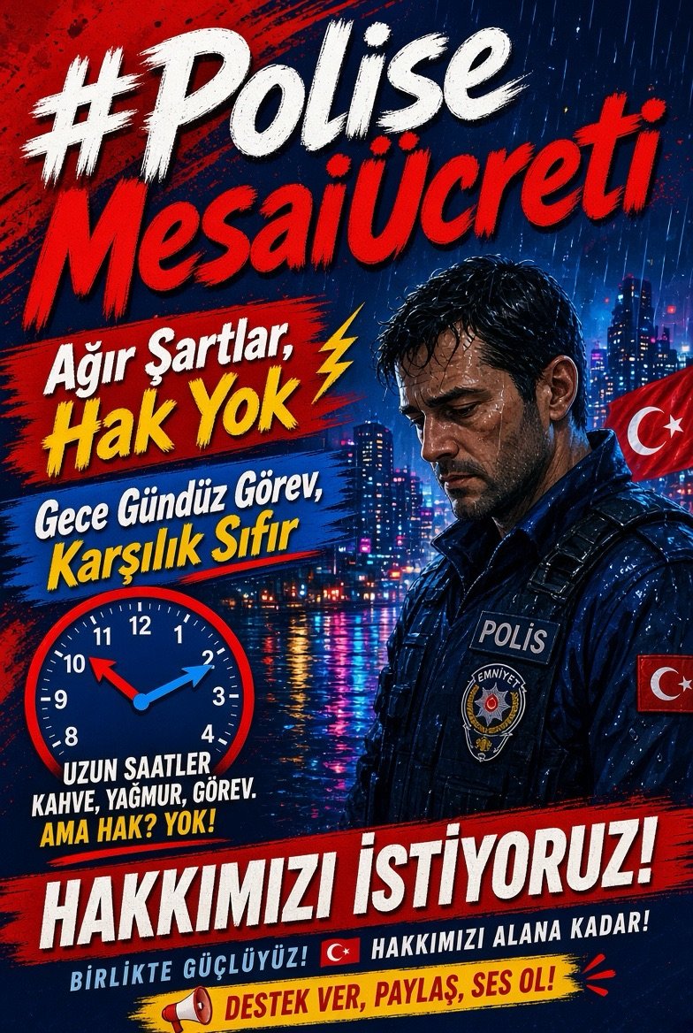 PolisTelsizii's tweet photo. 👉🏼 Polis, yaptığı fazla çalışmanın karşılığını istiyor.
‼️ Çalışma saatleri makul ve sürdürülebilir olmalıdır.
📌 Zorunlu olarak yapılan ek görevler ücretlendirilmelidir.
⛔ Polis emeği karşılıksız bırakılmamalıdır.
#PoliseMesaiÜcreti https://t.co/4qoern7ZYy