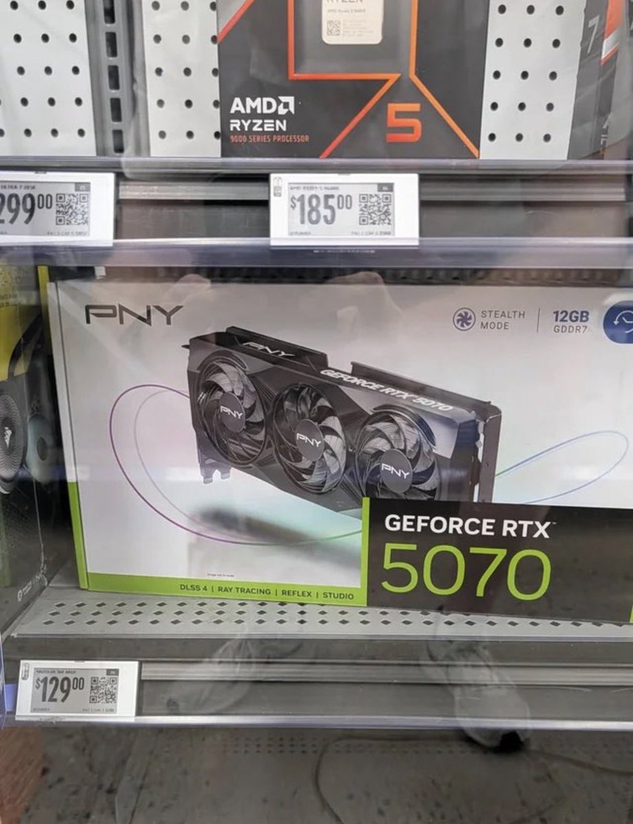 glitchtoriches's tweet photo. RTX 5070 for $129 at Walmart because the shelf tag belonged to a cooler

this is why you check the tag under locked cases

manager honored it. $198.97 with tax and the service plan https://t.co/pJZQ3tzY1r
