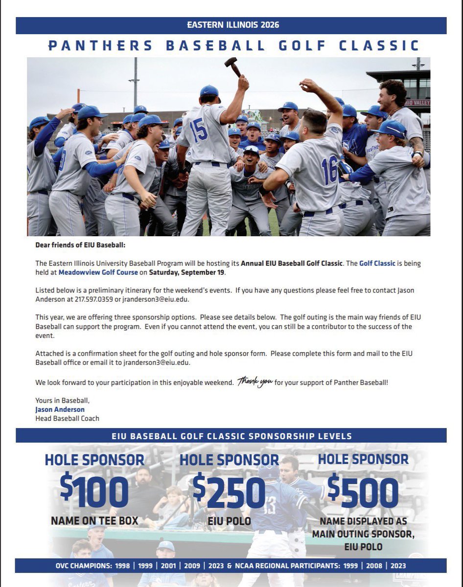 EIU_Baseball's tweet photo. We are two weeks away from the 2026 Golf Outing!

🗓️Saturday, September 19th 
📍Meadowview Golf Course

We are still accepting golfers, sponsors, and donators for the silent auction. Use the QR code below. https://t.co/U6NiWnULzt