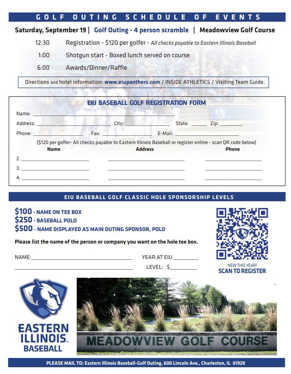 EIU_Baseball's tweet photo. We are two weeks away from the 2026 Golf Outing!

🗓️Saturday, September 19th 
📍Meadowview Golf Course

We are still accepting golfers, sponsors, and donators for the silent auction. Use the QR code below. https://t.co/U6NiWnULzt