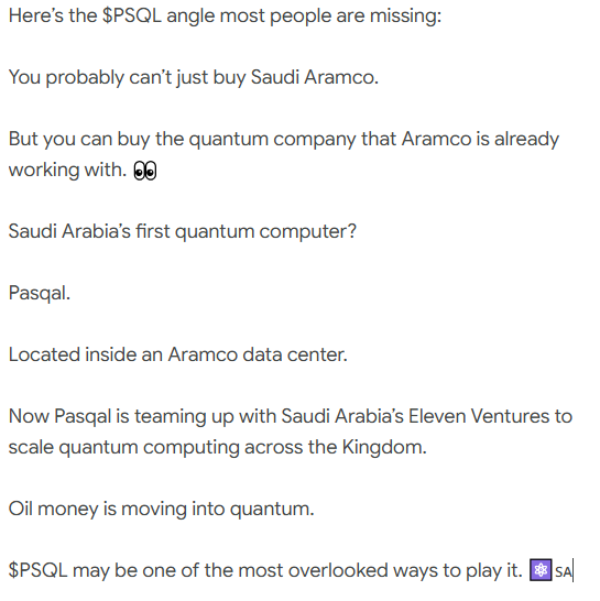 Asirais's tweet photo. $PSQL
“YOU CAN'T EASILY BUY ARAMCO.
BUT YOU CAN BUY ITS QUANTUM PARTNER.” https://t.co/j2bmpPLHEj