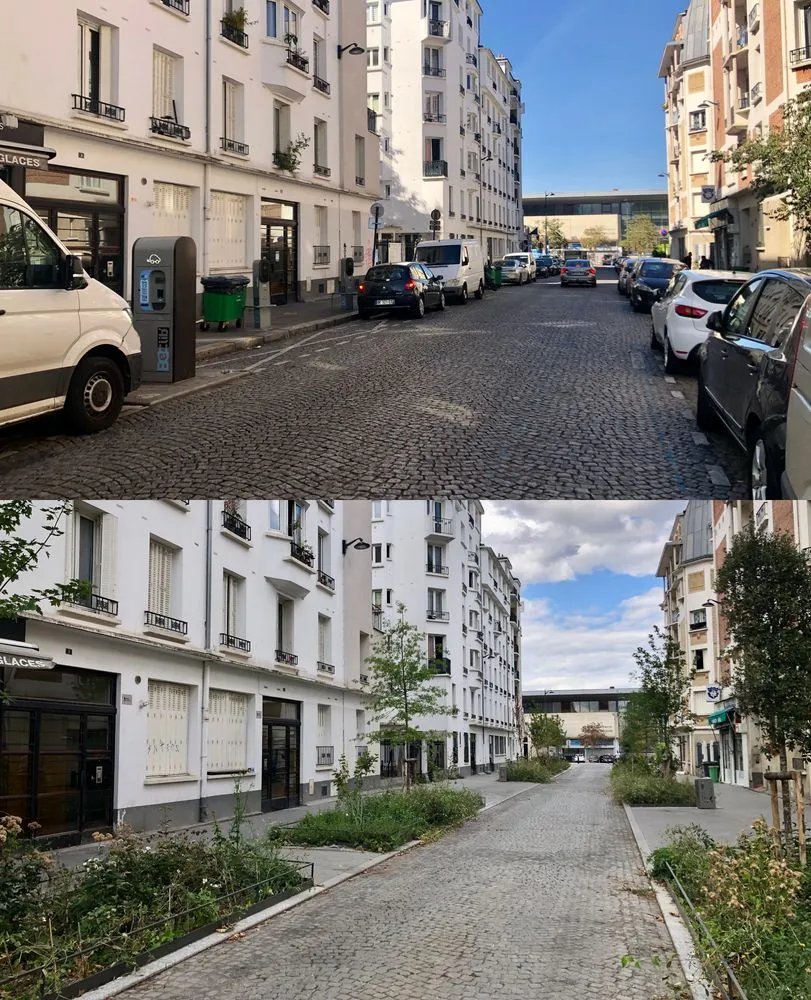 EmmanuelSPV's tweet photo. Avant / Après la nouvelle rue aux écoles Rue Fernand Labori dans le 18ème arrondissement de Paris. Des barrières calment le trafic de transit aux deux bouts de la rue et le stationnement a été remplacé par de la végétation. https://t.co/WAaHnn7eaU