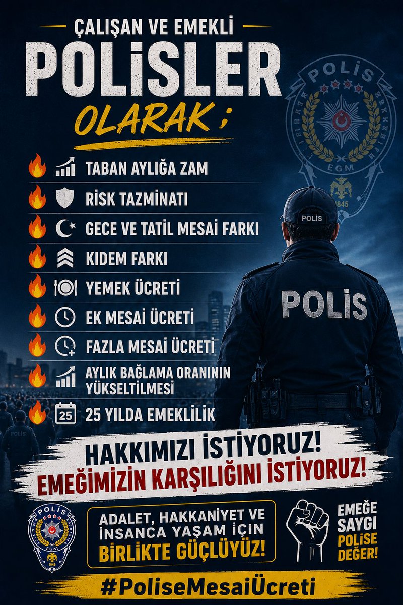 EmniyetBirlik's tweet photo. Diğer memurların fazla mesai ücreti alması, polislerin bu hakkının da verilmesi gerektiğini gösteriyor. 

Eşitlik ilkesi bunu zorunlu kılar. #PoliseMesaiÜcreti 

@mustafaciftcitr @memetsimsek @RTErdogan https://t.co/SR9mRifyYn