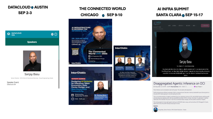 docbasu's tweet photo. September is going to be fun.

📍 Sept 2–3 — Datacloud Metro, Austin
📍 Sept 9 — Connected World Live, Chicago — Main Stage Keynote
📍 Sept 15 — AI Infra Summit, Santa Clara — Disaggregated Agentic Inference on OCI
Three stages, one theme: AI infrastructure is entering the inference era.
From AI factories + token economics to GPU placement, connectivity, KV-cache and agentic inference.

Austin → Chicago → Santa Clara. 🚀

#AI #AIInfrastructure #AgenticAI #Inference
