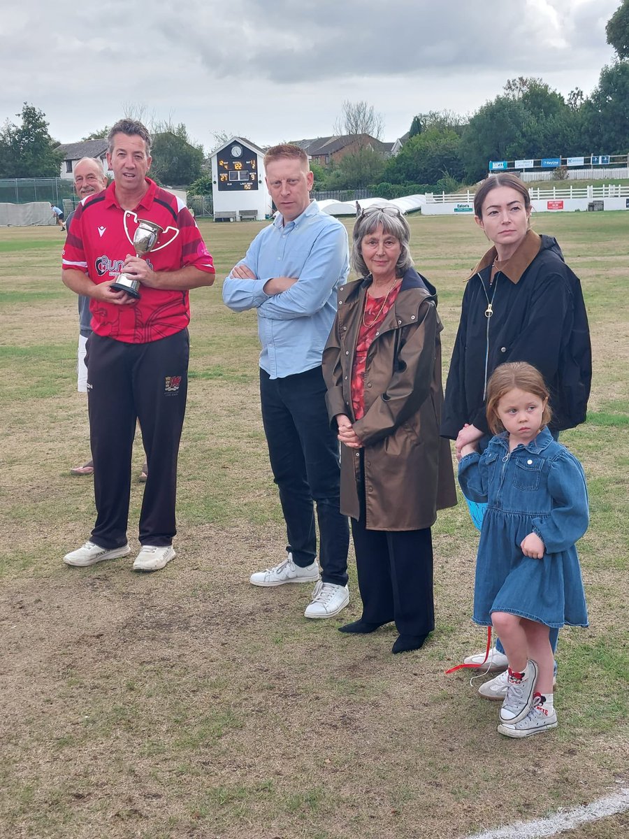 SWJCL's tweet photo. Congratulations to Wales Over 50s on retaining the Russell Davies Memorial Trophy, skipper Matt Phillips receiving the trophy from Russell’s family. Our sincere thanks to Gorseinon CC for hosting another superb day and our main league sponsors Bevan and Buckland LLB. https://t.co/bI1yumgMd1