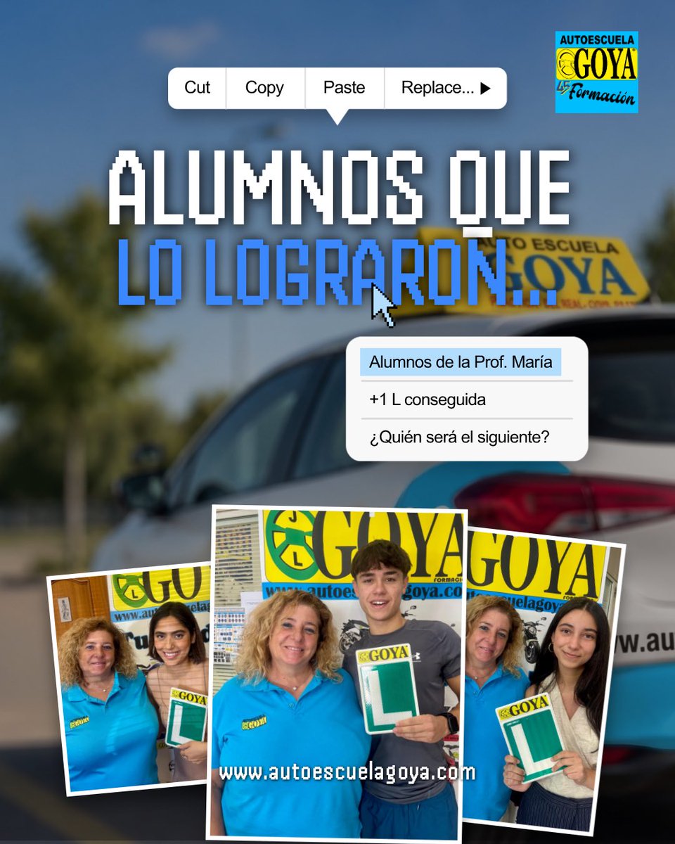 AutoescuelaGoya's tweet photo. 🚗💙 Hoy celebramos a los alumnos de María que ya tienen su L.
¡Enhorabuena por el objetivo cumplido!
#autoescuelagoya #aptos #permisob https://t.co/HUJM76oyk9