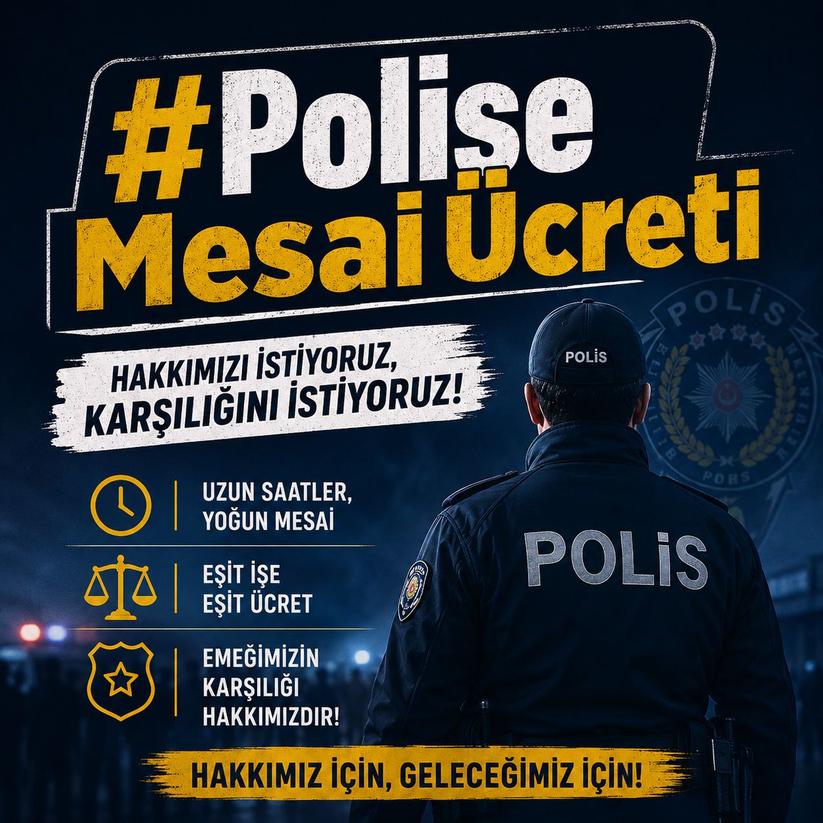 EmniyetBirlik's tweet photo. Fazla mesai ücreti, çalışma hayatının vazgeçilmezidir. 

Polislerin bu haktan mahrum bırakılması, çalışma barışını ve verimliliği düşürür. #PoliseMesaiÜcreti 
@mustafaciftcitr @memetsimsek @RTErdogan https://t.co/lGRQKmjfr7