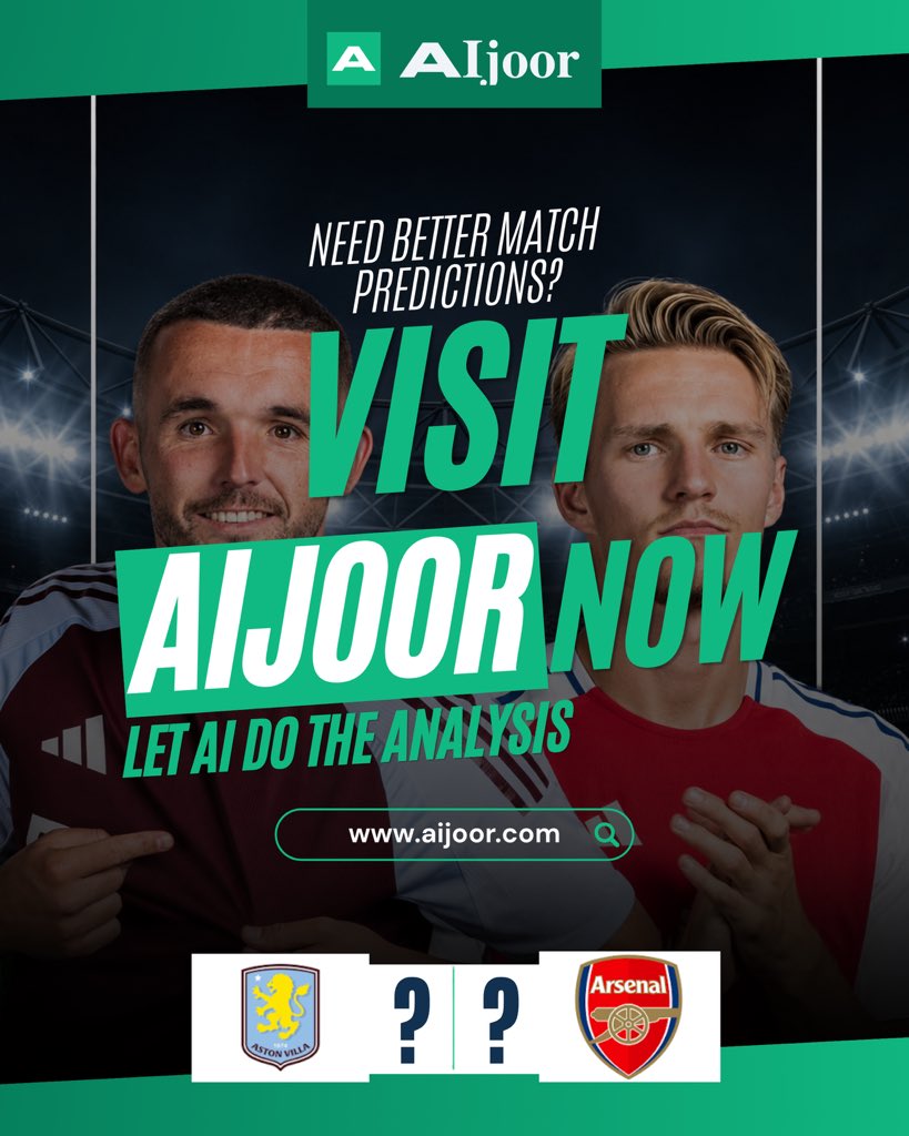 aijoorpredict's tweet photo. Aston Villa 🆚 Arsenal — one big game, two sides, and one question:
Who’s taking the win?

Let AIjoor analyse the matchup and see what the numbers say before you make your pick. 📊

Make your prediction on Aijoor. 

🌐 https://t.co/OQKAvaJb7X

📲 Join our Telegram for daily update: https://t.co/53vqMJ2Kr2

18+ Bet responsibly. 

#Aijoor #FootballPredictions #BasketballPredictions #MatchDay