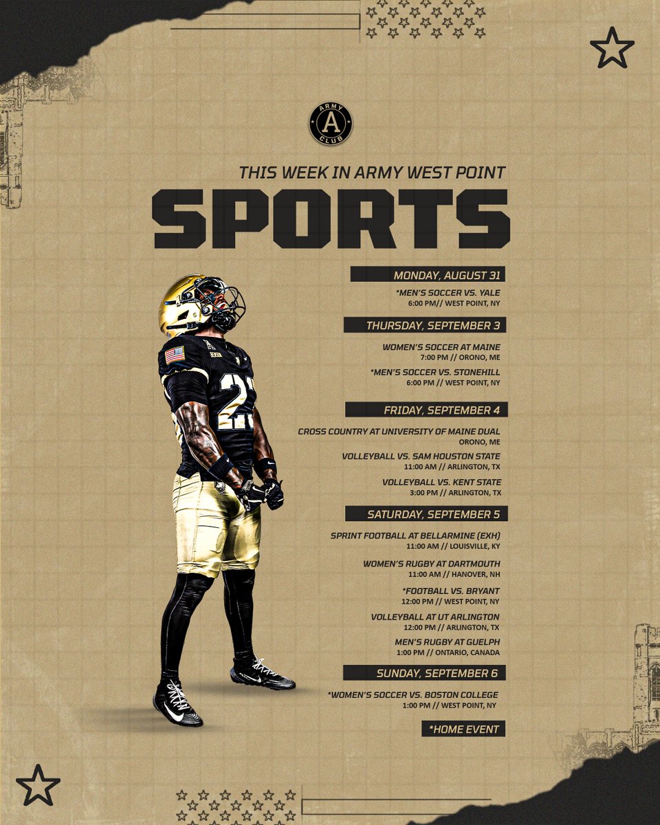 ArmyAClub's tweet photo. Loaded week for the Black Knights⚔️

🏈Football season opener against Bryant!
⚽Men's soccer finished with a 1-0-1 record, with a draw against #12 Akron!

#GoArmy | #BeatEveryone | #DutyHonorCountry https://t.co/0EKWwaa0JE