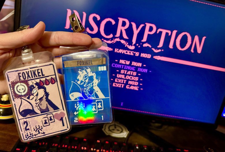 Foxikel's tweet photo. ⭐️ Inscyption Card Badges! 

7 slots available! 

$5️⃣0️⃣ (+ free shipping within US!) 

All cards are to scale of the actual trading cards and are printed, laminated, and double sided 💚

Comment or DM me to claim!
—-
#inscryption #commissionsopen #furryart #furrybadgecommission https://t.co/4unX9p0k7B