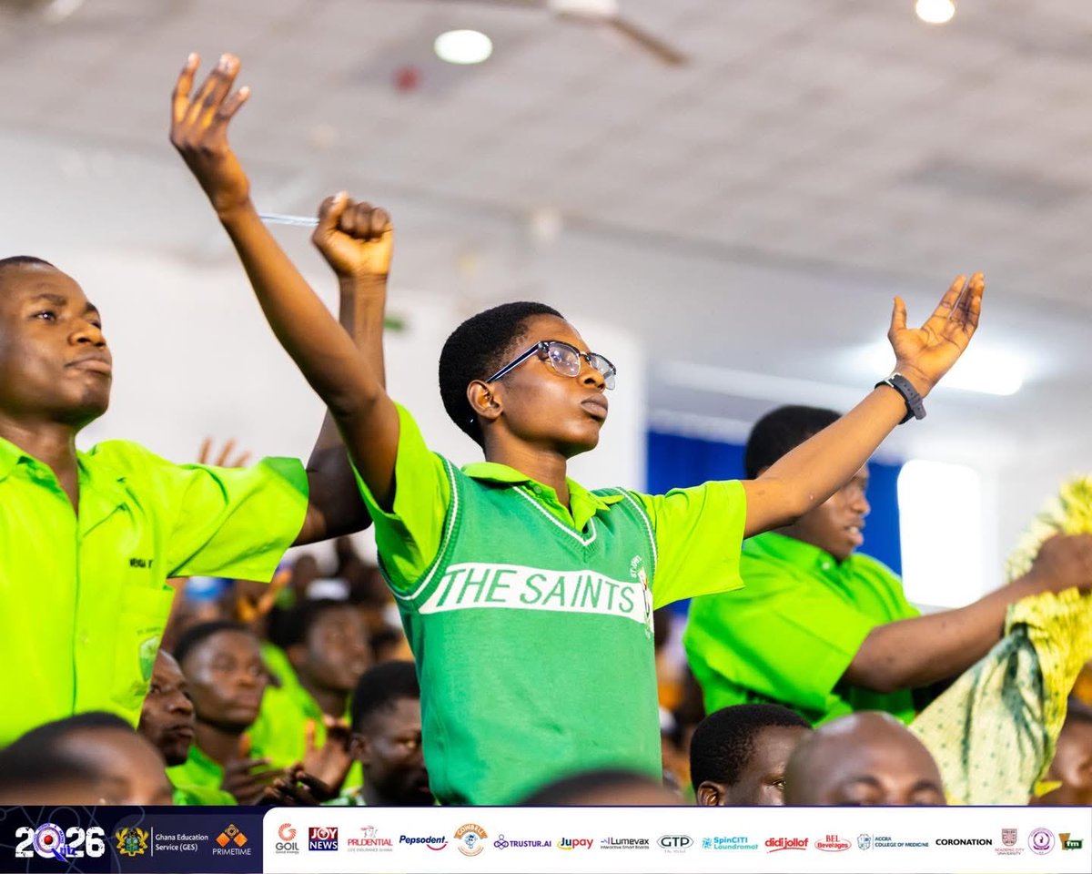 StJohnsSekondi's tweet photo. @NSMQGhana 

It is coming home!! 💚💚💚

End of contest

St. John’s School: 43pts
Saviour SHS: 33pts
Mfantsiman Girls’ SHS: 25pts

#NSMQ2026 #NSMQQuarters #Primetime https://t.co/mym0pIi9NX