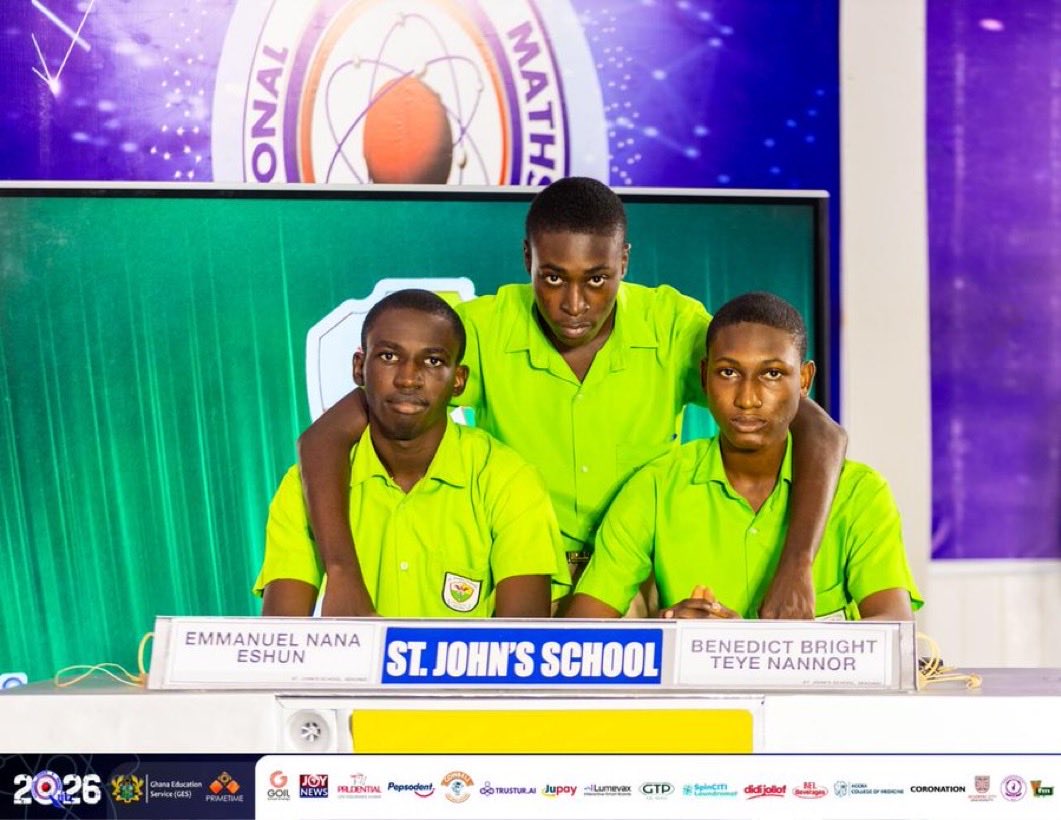 StJohnsSekondi's tweet photo. @NSMQGhana 

It is coming home!! 💚💚💚

End of contest

St. John’s School: 43pts
Saviour SHS: 33pts
Mfantsiman Girls’ SHS: 25pts

#NSMQ2026 #NSMQQuarters #Primetime https://t.co/mym0pIi9NX