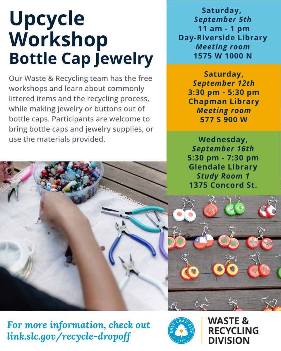 SLCgreen's tweet photo. Save the date! Our Waste &amp; Recycling team will have free workshops and learn about commonly littered items and the recycling process, while making jewelry or buttons out of bottle caps. For more information please check out our website at https://t.co/RHeRQuVE6y. https://t.co/e3GN1Zc0HK