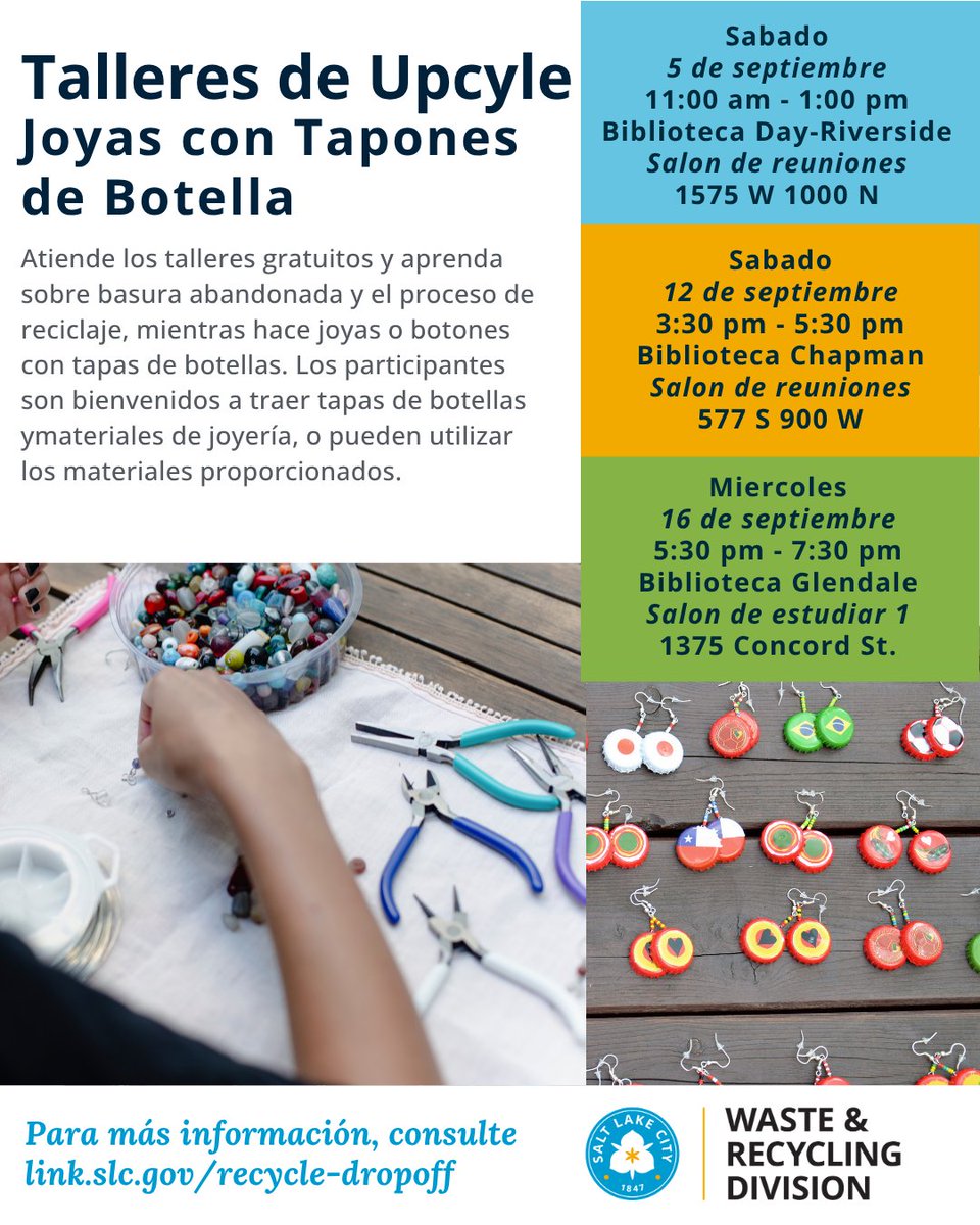 SLCgreen's tweet photo. Save the date! Our Waste &amp; Recycling team will have free workshops and learn about commonly littered items and the recycling process, while making jewelry or buttons out of bottle caps. For more information please check out our website at https://t.co/RHeRQuVE6y. https://t.co/e3GN1Zc0HK