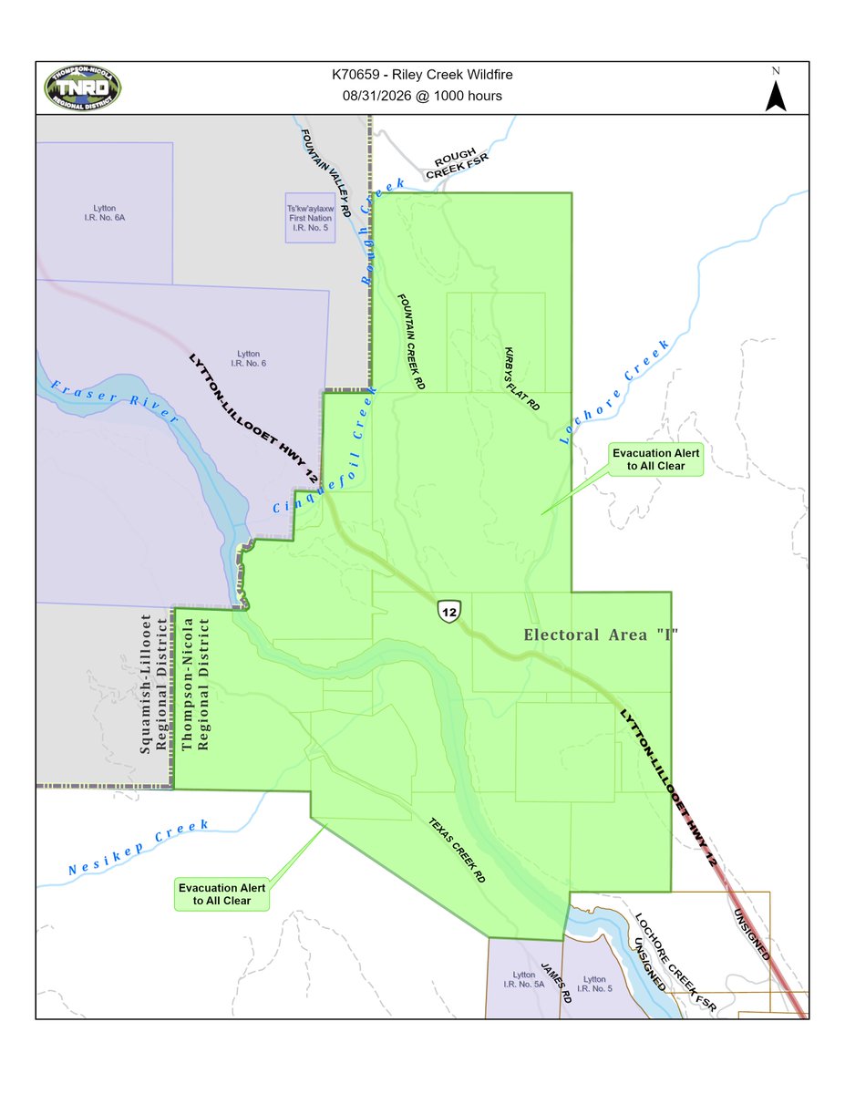TNRD's tweet photo. The TNRD has downgraded an Evacuation Alert to All Clear due to the Riley Creek wildfire, effective August 31, 2026 at 10 am.

This All Clear notice affects approximately 16 properties on Highway 12, Texas Creek Road and Kirbys Flat Road.

More info: https://t.co/yzvJkVoNv4 https://t.co/QaguG8tr0n