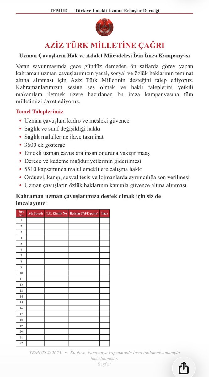 alitilkici38's tweet photo. Kahraman #UzmanÇavuş’larımızın özlük hakkı için 1 milyon imza için Valilikten izin alınmasına müteakip imza kampanyası başlatıyoruz 
Haklarımızın tamamı alınana  kadar mücadele edeceğiz.
Birlikte başaracağız
Temud varsa Umut vardır.
@TEMUD_2024 https://t.co/9rjhtXgMVr