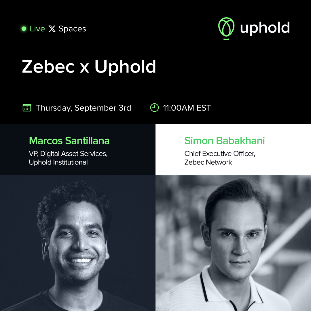 UpholdInc's tweet photo. Find out what @Zebec_HQ is cooking up next 🍳

Uphold’s @onchainsanti and @Zebec_HQ CEO @simonb_ldn will discuss $ZBCN's 2026 roadmap and upcoming ecosystem developments.

Catch it LIVE Thursday, Sept 3 @ 11 AM EST 👇
https://t.co/fpBGcyES21 https://t.co/vMzqxEVg5I