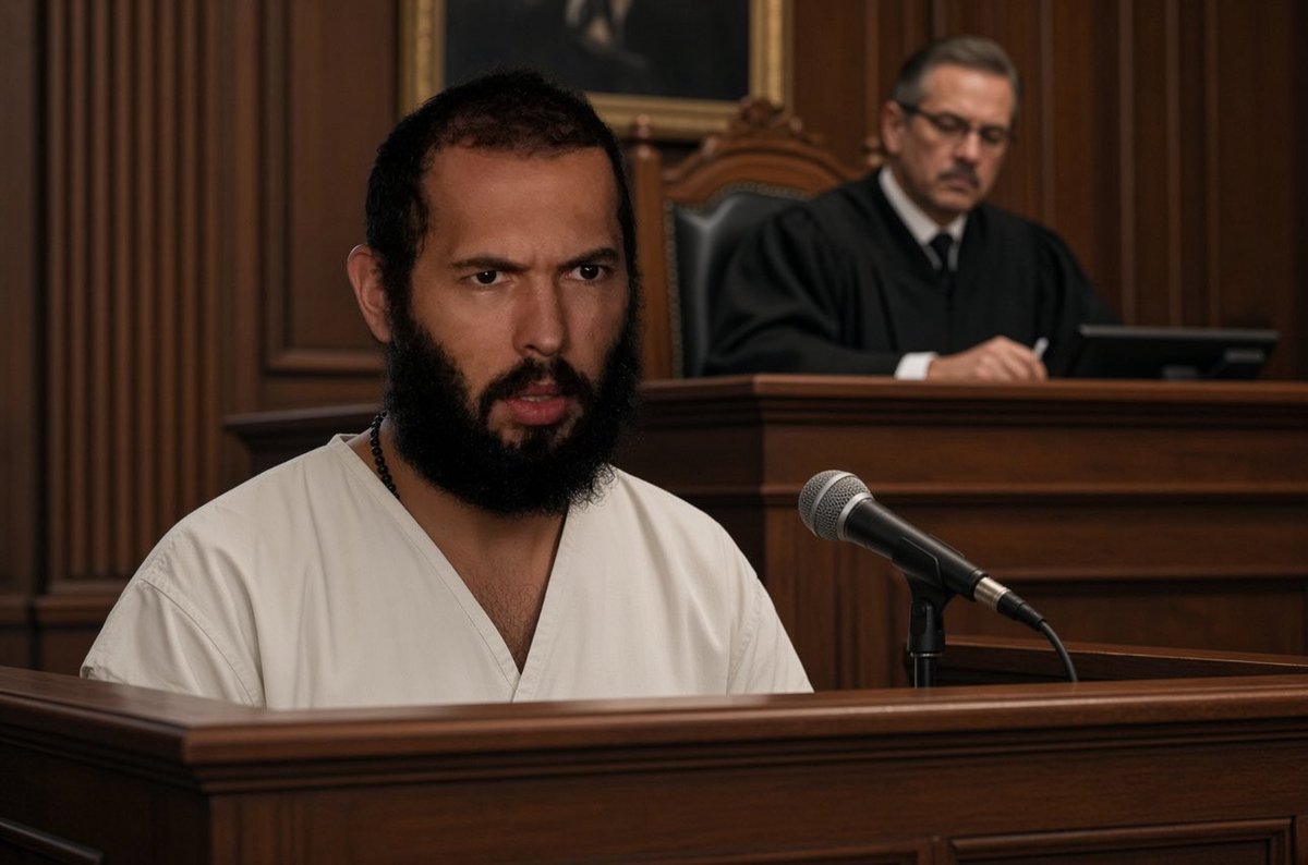 neoupdateshq's tweet photo. 🚨Andrew Tate took the stand and admitted just admitted something that shook the entire courtroom:😳

“I’m being TREATED like El Chapo but I have a perfect record in the court system.”

How can two innocent men be treated worse than every client in the Epstein files⁉️👀 https://t.co/pM0OCooZRt