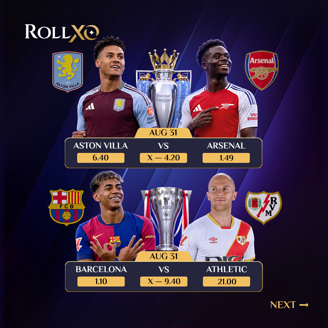 Roll_XO's tweet photo. MONDAY’S TOP SPORTS PICKS 🚀⚽️🔵

We picked 3 top sports events for you to enjoy the last summer evening! 

⚽️Aston Villa VS Arsenal ⚽️ https://t.co/UqJlbd20NR
1 — 6.40 | X — 4.20 | 2 — 1.49
Villa Park under the lights! Aston Villa host Arsenal — home advantage vs one of England’s strongest sides.

⚽️ Barcelona VS Athletic ⚽️  https://t.co/nCcdmNYY5Y
1 — 1.10 | X — 9.40 | 2 — 21.00
Big night at Spotify Camp Nou! Can Barça deliver another goal fest, or will Athletic handle the pressure?

🎾R. Safiullin VS C. Alcaraz  https://t.co/W979ezAYcJ
1 — 4.33 | 2 — 1.20
The defending champion is back! After 4 months out with a wrist injury, Alcaraz faces Safiullin at the US Open. Who takes the lead?

Back ur fav, place the bet NOW — don’t miss out 💰💰