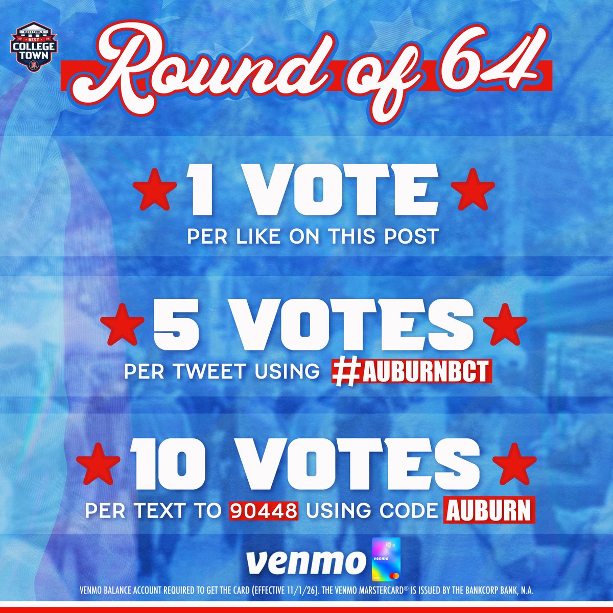 WarDamnStool's tweet photo. 🚨 AUBURN NEEDS YOUR VOTE 🚨
Best College Town Round of 64 is officially LIVE!
⏰ Voting closes Thursday at 11:59 PM EST
Presented by @venmo https://t.co/o2uNP9obah